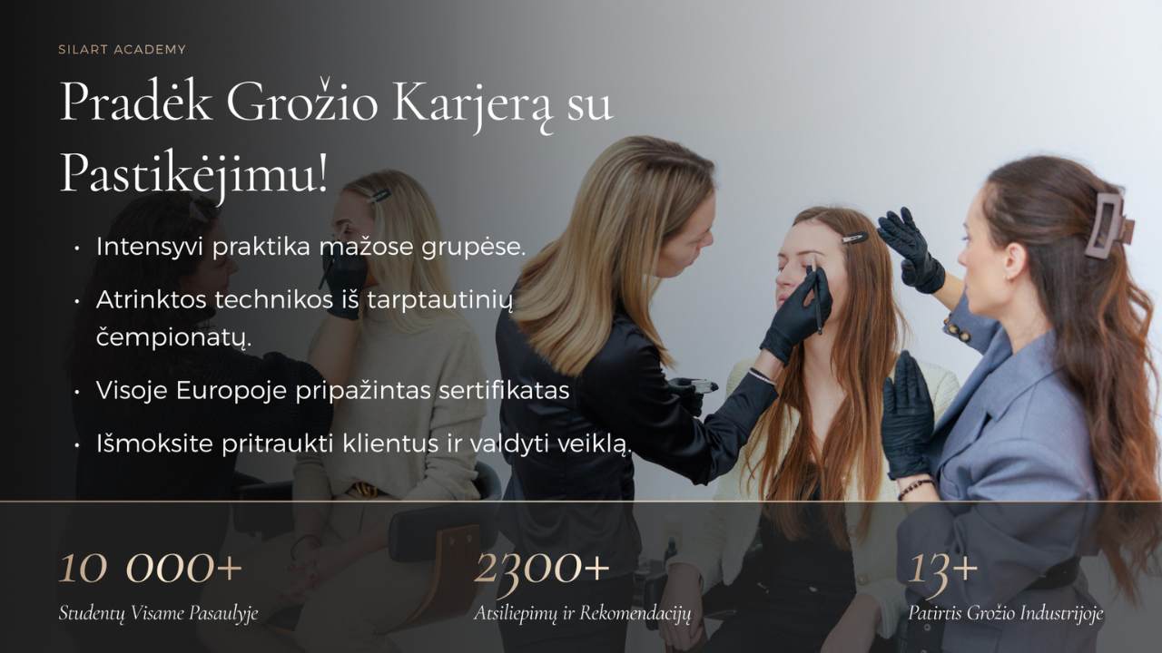 Foninė nuotrauka, mokytoja rodo mokinei kaip piešti antakių formą, ant nuotraukas tekstas"pradėk grožio karjerą su pasitikėjimu"