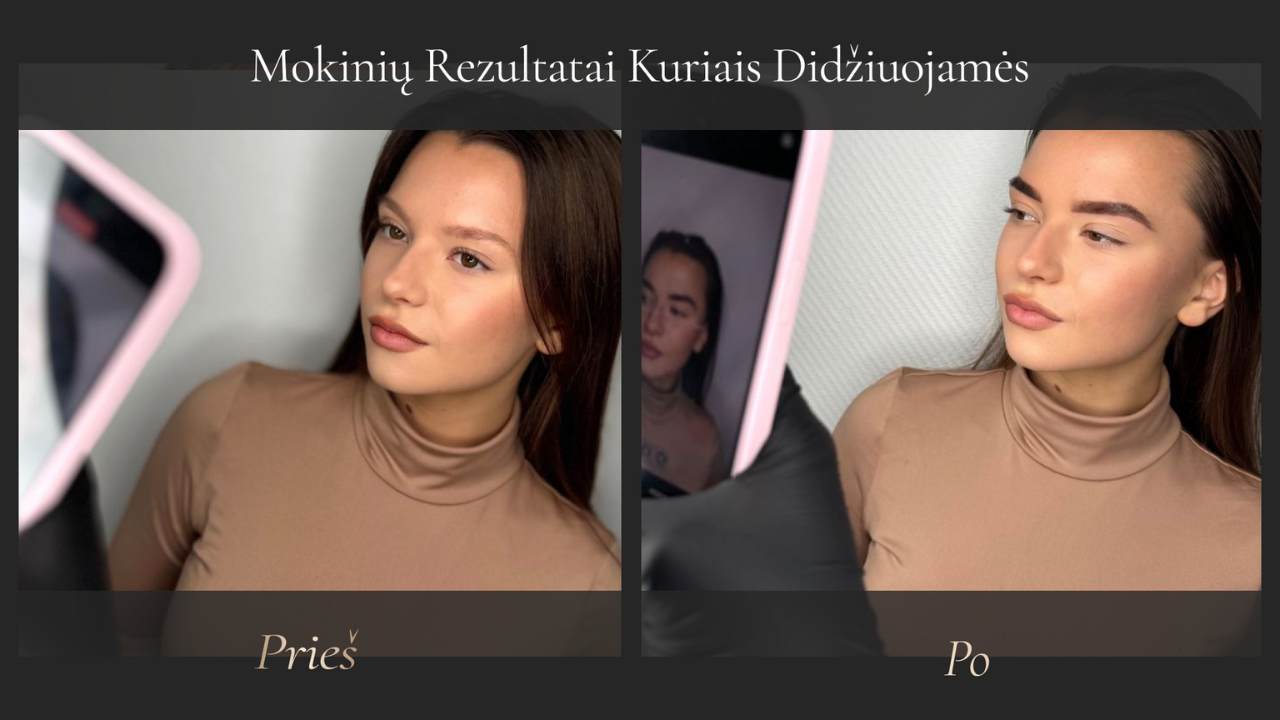Mokinės antakių korekcijos rezultatas prieš ir po