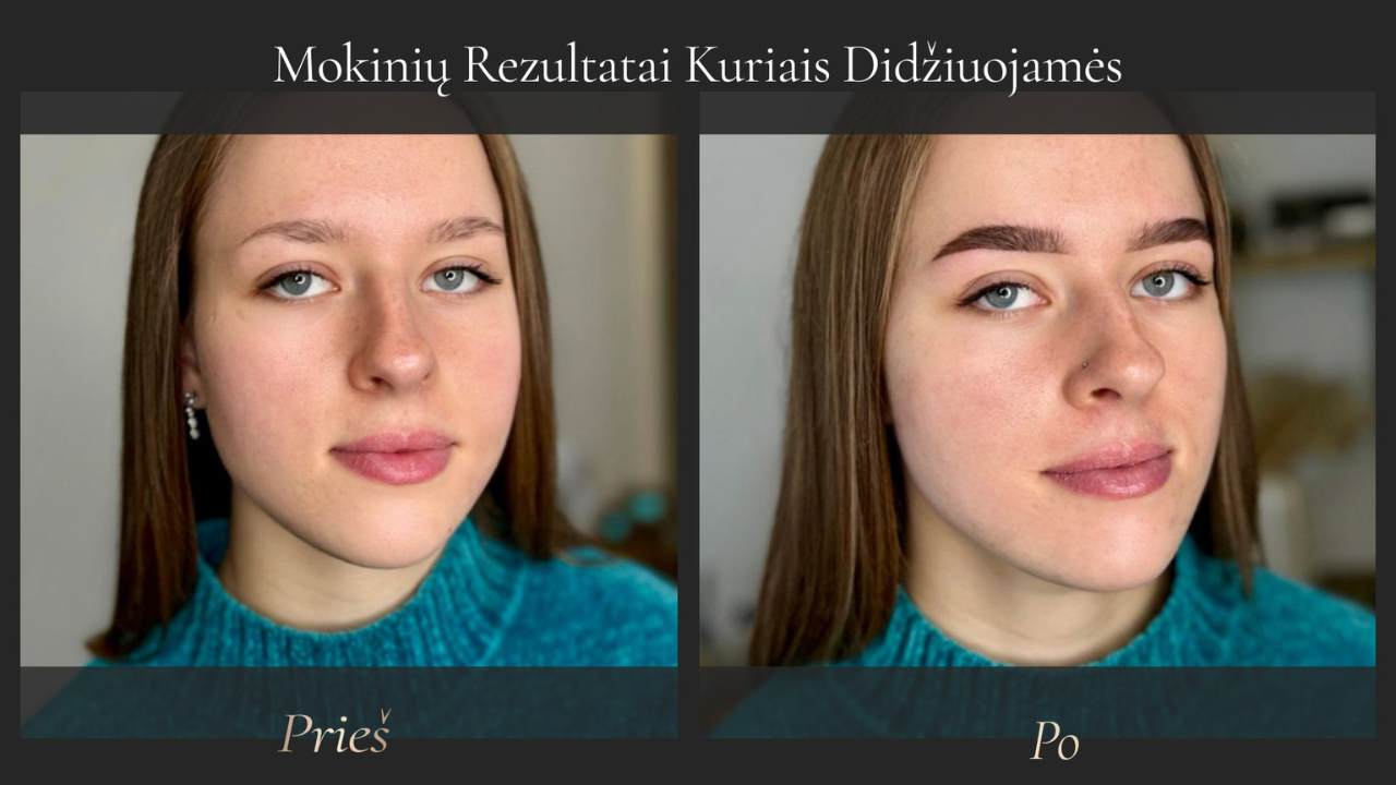 Mokinės antakių korekcijos rezultatas prieš ir po 2