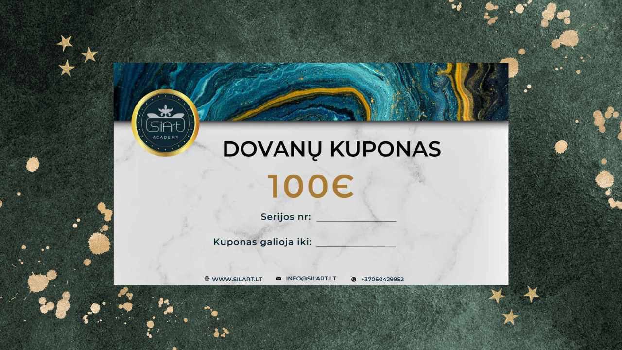 Dovanų kuponas iš SILART ACADEMY, 100€ vertės, marmurinio fono su auksiniais akcentais ant žalios tekstūros.