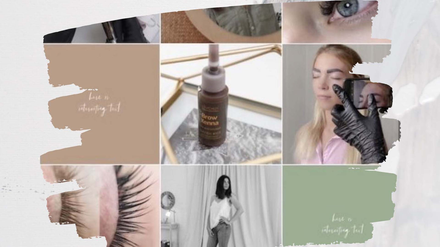 Antakių puoselėjimo nuotraukų koliažas, kuriame pavaizduotas antakių atspalvio produktas, naudojimo įrankiai ir suformuoti antakiai, žemės atspalvių fone ir tekstas su užrašu "antakių puoselėjimo įrankis".