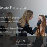 Foninė nuotrauka, mokytoja rodo mokinei kaip piešti antakių formą, ant nuotraukas tekstas"pradėk grožio karjerą su pasitikėjimu"