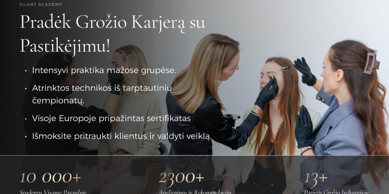 Foninė nuotrauka, mokytoja rodo mokinei kaip piešti antakių formą, ant nuotraukas tekstas"pradėk grožio karjerą su pasitikėjimu"