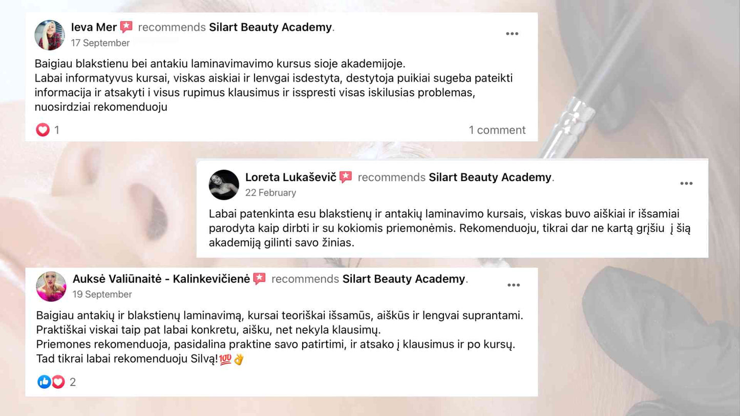 Teigiami „Facebook“ atsiliepimai  „Silart Beauty Academy“ ekrano kopijos, pabrėžiančios klientų pasitenkinimą.
