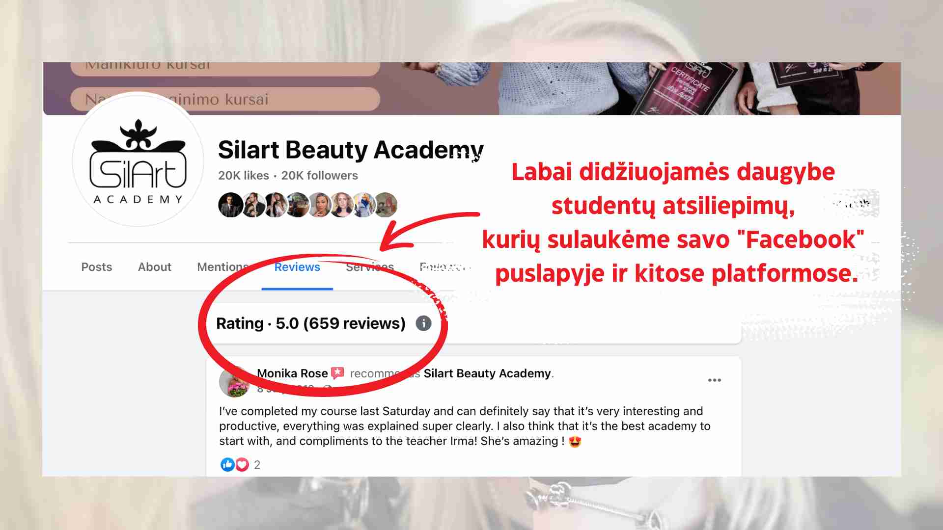 Teigiamų „Facebook“ apžvalgų ir 5,0 žvaigždučių įvertinimo „Silart Beauty Academy“ ekrano kopijos, pabrėžiančios klientų pasitenkinimą.
