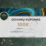 SILART grožio mokyklos 100 eurų kuponas, stilingas dizainas su žalia tekstūra ir auksinių žvaigždžių akcentais.
