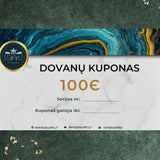 SILART grožio mokyklos 100 eurų kuponas, stilingas dizainas su žalia tekstūra ir auksinių žvaigždžių akcentais.
